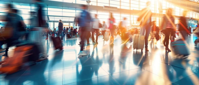 A busy airport with people walking around and carrying luggage by AI generated image.