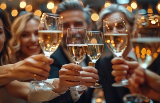 A group of people are toasting with champagne glasses by AI generated image.