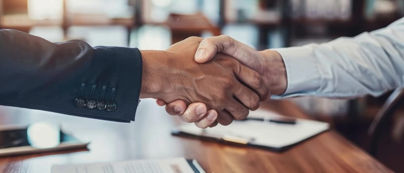 Two people shaking hands in front of a table with papers and a laptop by AI generated image.