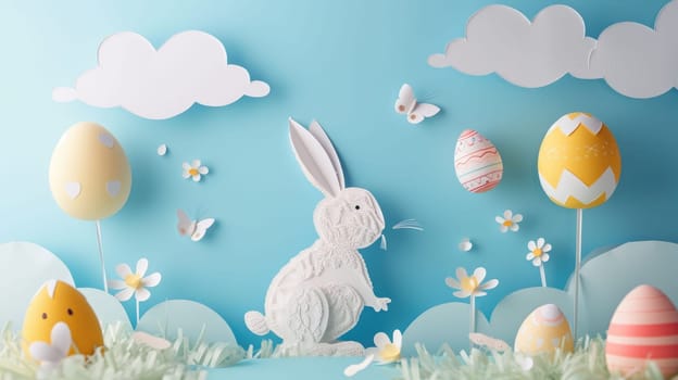 A cute paper Easter rabbit is surrounded by colorful Easter eggs, fluffy clouds, blooming flowers, and floating balloons in a joyful event of happiness AIG42E