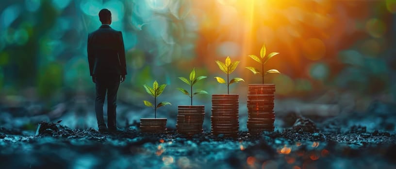 A man stands in front of a row of plants and coins by AI generated image.