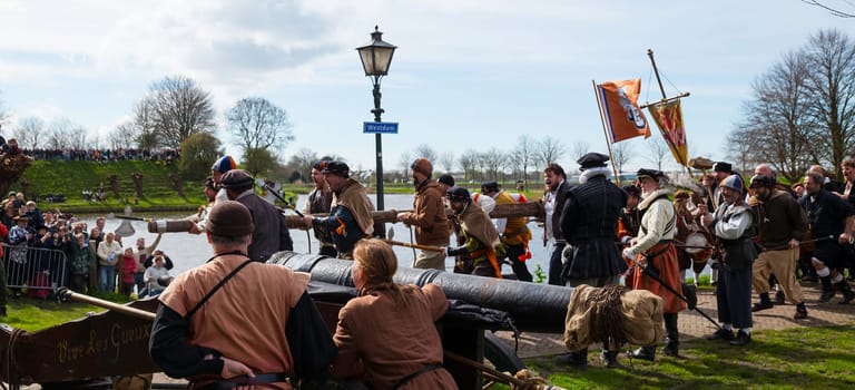 Brielle,Holland,1-04-2024:the highlight of the celebration of the liberation of Den Briel, the storming of the gate the first town to be liberated from the Spanish in Den Briel in 1572