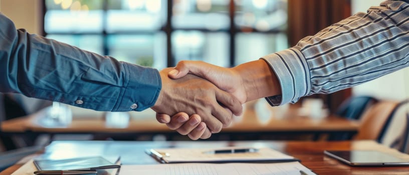 Two people shaking hands in front of a table with papers and a laptop by AI generated image.