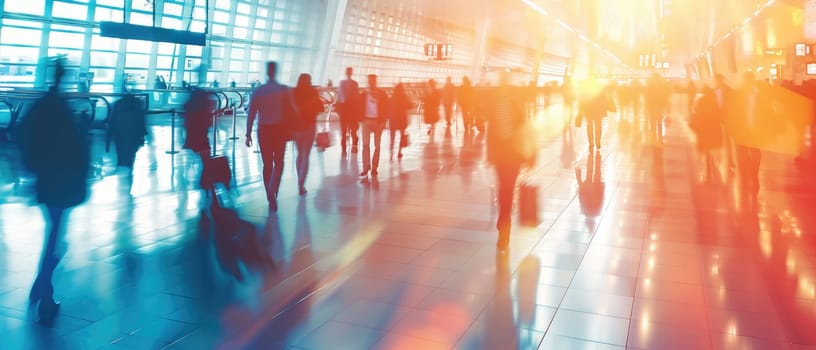 A busy airport with people walking around and carrying luggage by AI generated image.