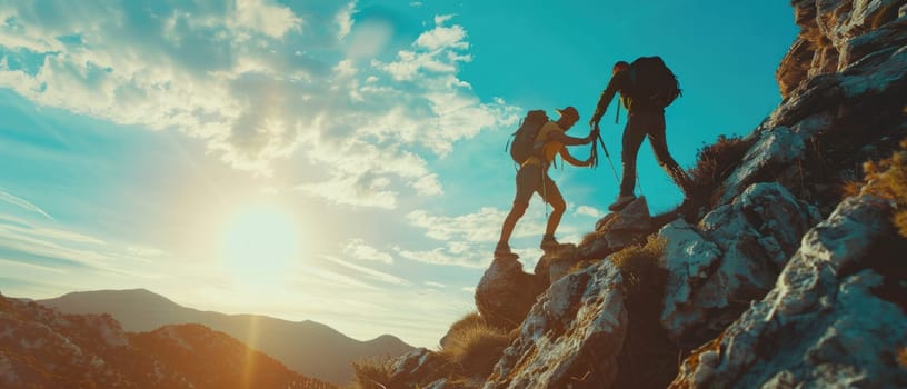 Two people are hiking up a mountain, one of them wearing a blue backpack by AI generated image.