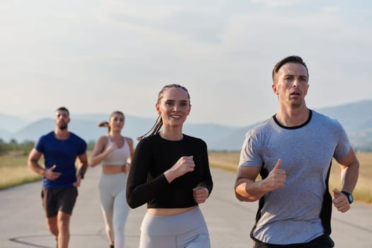 A group of friends maintains a healthy lifestyle by running outdoors on a sunny day, bonding over fitness and enjoying the energizing effects of exercise and nature.