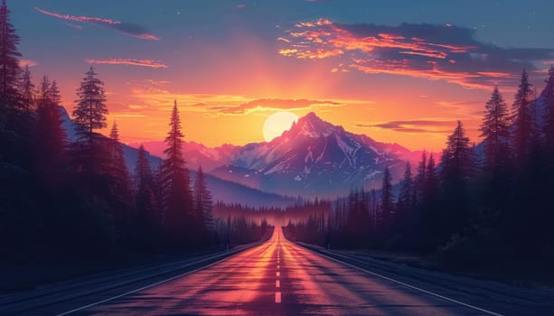 A long road with a bright sun in the sky by AI generated image.