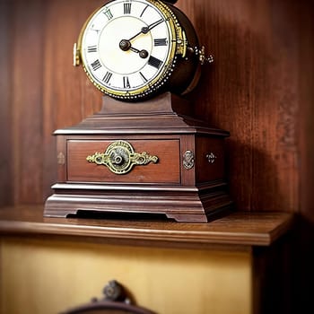Timeless elegance of a vintage clock placed on a weathered wooden mantelpiece. Ornate details and weathered textures to evoke a sense of history and nostalgia