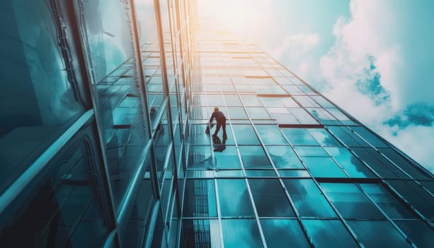 A man is hanging from a building, suspended by a rope by AI generated image.