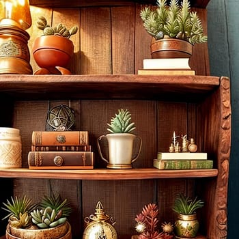Intricate details of a rustic wooden bookshelf adorned with vintage ornaments and succulents.