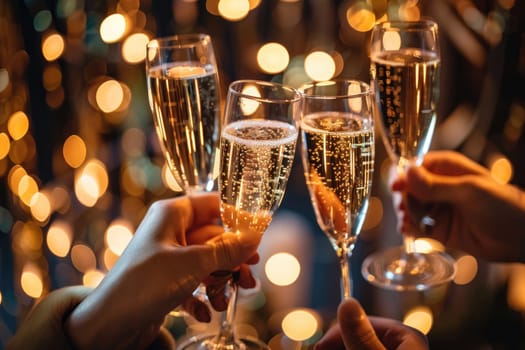 A group of people are toasting with champagne glasses by AI generated image.