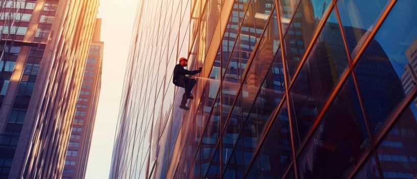 A man is hanging from a building, suspended by a rope by AI generated image.