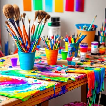 Collection of artistically arranged paintbrushes and tubes of colorful acrylic paints on a messy studio table. Creative chaos and vibrant palette to appeal to art enthusiasts
