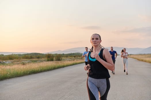 A diverse group of runners finds motivation and inspiration in each other as they train together for an upcoming competition, set against a breathtaking sunset backdrop.