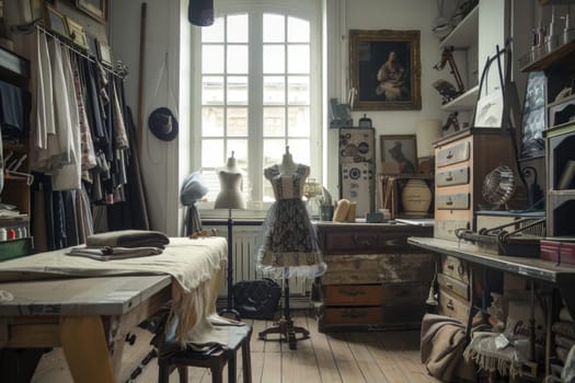 A room with a sewing machine and a mannequin by AI generated image.