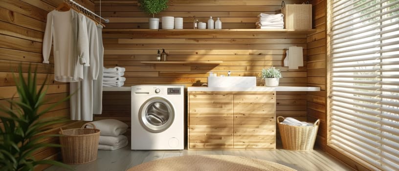 A small, cozy laundry room with a washer and dryer by AI generated image.