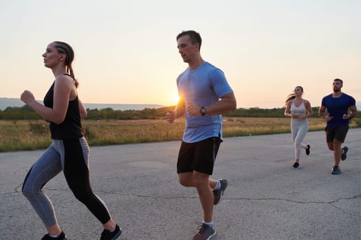 A diverse group of runners finds motivation and inspiration in each other as they train together for an upcoming competition, set against a breathtaking sunset backdrop.