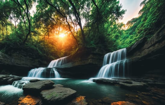 Fantasy landscape with waterfall at sunset, panorama.