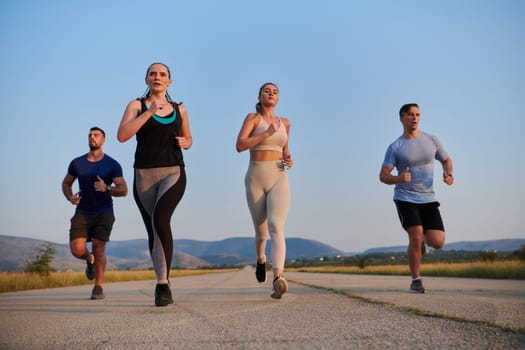 A group of friends maintains a healthy lifestyle by running outdoors on a sunny day, bonding over fitness and enjoying the energizing effects of exercise and nature.