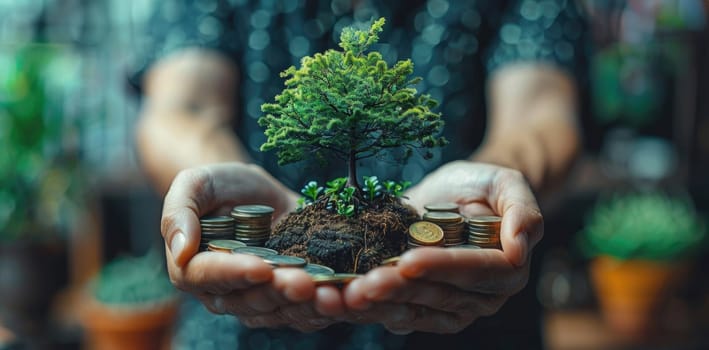 A person is holding a small tree and a pile of coins by AI generated image.