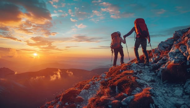 Two people are hiking up a mountain, one of them wearing a blue backpack by AI generated image.