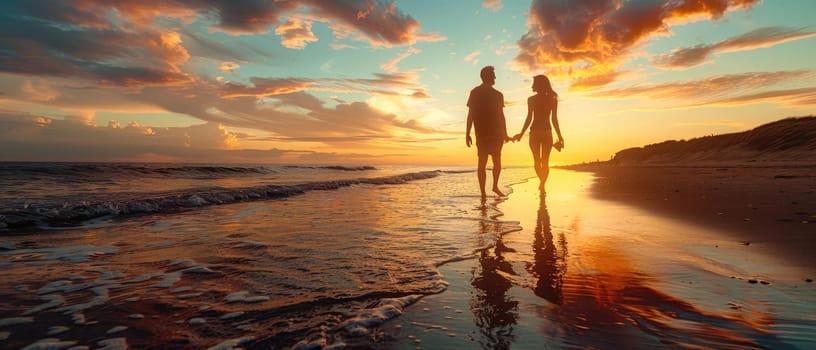 A group of three people are walking on the beach at sunset by AI generated image.