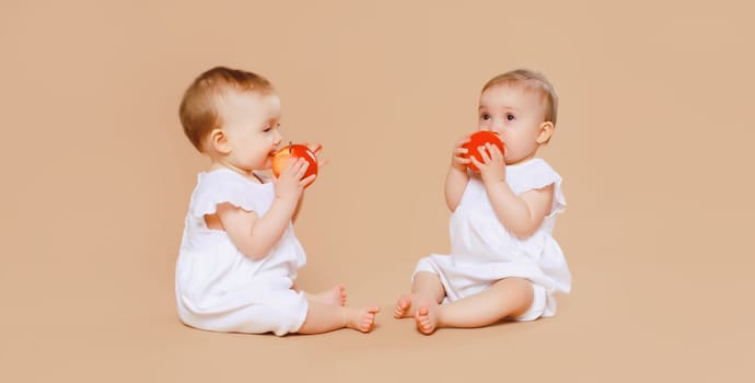 Two twin babies eating red apple fruit together sitting on the floor on brown studio background