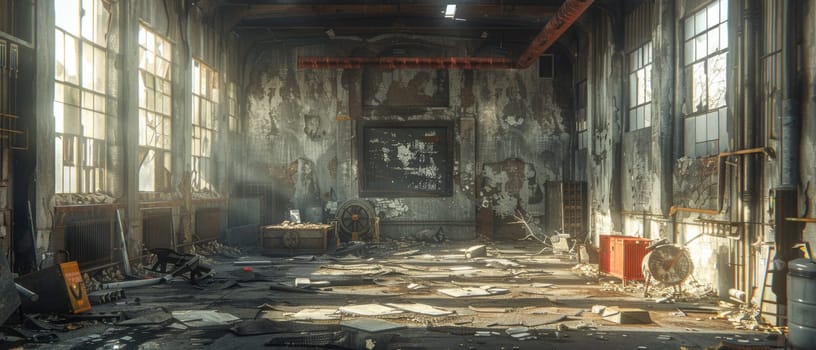 A large, empty warehouse with a lot of rust and graffiti on the walls by AI generated image.