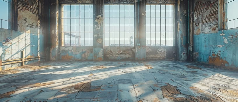 A large, empty warehouse with a lot of rust and graffiti on the walls by AI generated image.