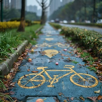 Bicycle Paths Pave the Way for Green Commutes in Business of Urban Cycling, Lane markers and city views chart a course of eco-commuting in the cycling business.