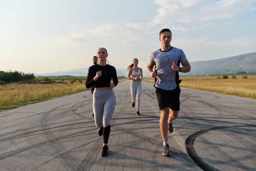 A group of friends maintains a healthy lifestyle by running outdoors on a sunny day, bonding over fitness and enjoying the energizing effects of exercise and nature.