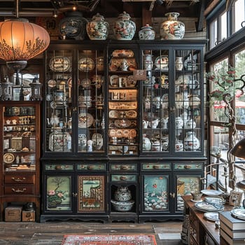 Curated Antique Gallery Recounts Historical Tales in Business of Collectible Treasures and Vintage Finds, Curio cabinets and antique lamps recount historical tales and collectible treasures in the curated antique gallery business.