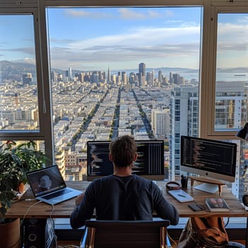 Dedicated Programmer Developing Software in Silicon Valley, A tech wizard codes away in a casual office with iconic tech hub views.