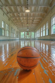 Gymnasium Courts Bounce with Activity in Business of Athletic Training, Basketballs and hoops draw an arc of competition and fitness in the sports business.