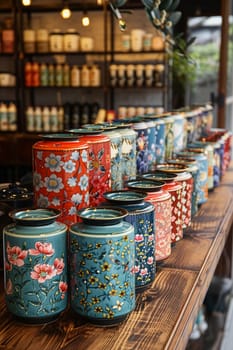 Specialty Tea Shop Pours Serenity in Business of Exquisite Infusions, Tea canisters and ceramic cups pour a story of serenity and tradition in the specialty tea shop business.