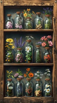 Herbalist's Shop Bottles Botanical Remedies in Business of Natural Healing, Apothecary jars and plant illustrations bottle a story of botanical remedies and wellness in the herbalist's shop business.