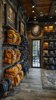 Outdoor Gear Store Equips Adventurous Spirits in Business of Exploration Retail, Hiking boots and gear displays equip a story of adventurous spirits and exploration retail in the outdoor gear store business.