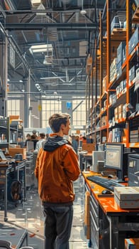 E-commerce Business Manager Overseeing a Bustling Order Fulfillment Center, Orderly chaos reigns in the energetic hub of an online shopping center.