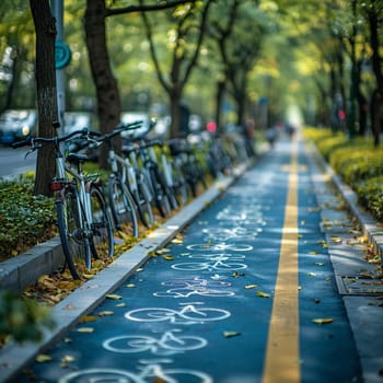 Bicycle Paths Pave the Way for Green Commutes in Business of Urban Cycling, Lane markers and city views chart a course of eco-commuting in the cycling business.