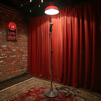 Stand-Up Comedy Stage Spotlights Humor in Business of Live Performance, Comedy club signs and performer spotlights spotlight a narrative of laughter and entertainment in the stand-up comedy stage business.