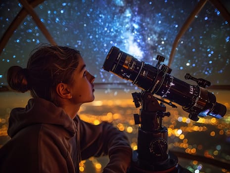 Starry Observatory Dome Explores Cosmic Mysteries in Business of Astronomy Education, Observatory telescopes and celestial maps explore a story of cosmic mysteries and education in the starry observatory dome business.