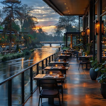 Riverside Bistro Offering Scenic Views for Client Meetings, The gentle blur of a waterside eatery provides a picturesque setting for business discussions.