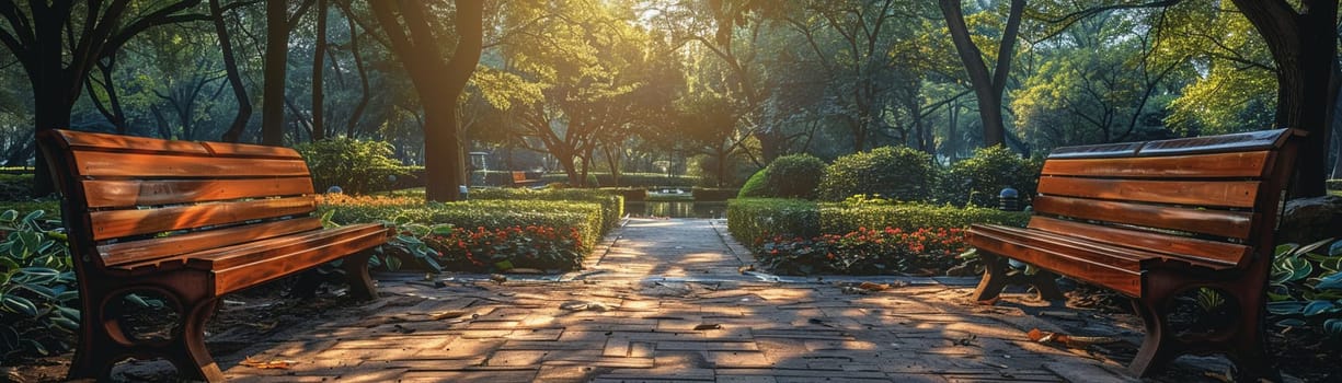 Serene Public Garden Invites Business Professionals to Unwind, Paths and benches offer a narrative of respite and contemplation amid business chaos.