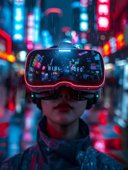 Virtual Reality Gaming Space Explores Digital Frontiers in Business of Interactive Escapism, VR goggles and digital landscapes explore a story of digital frontiers and interactive escapism in the virtual reality gaming space business.