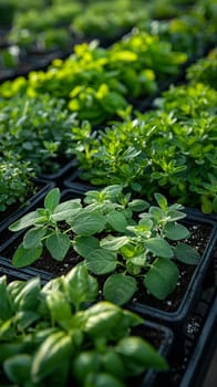 Herb Garden Tends to Culinary Flavors in Business of Gastronomy, Pots and seedlings nurture a plot of flavor and freshness in the culinary business.