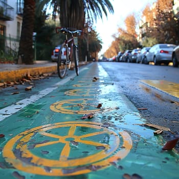 Bicycle Paths Pave the Way for Green Commutes in Business of Urban Cycling, Lane markers and city views chart a course of eco-commuting in the cycling business.