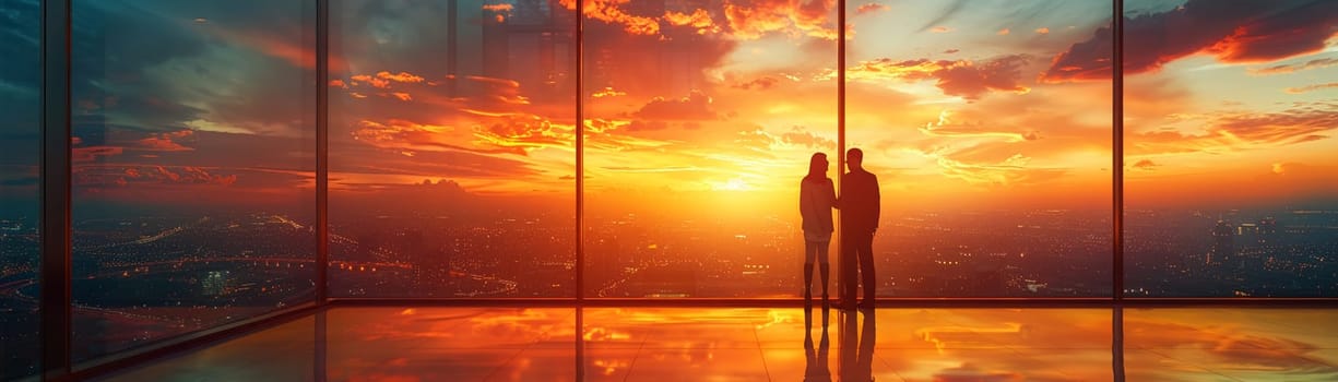 Finalizing a Business Deal with a Firm Handshake Downtown, Two professionals seal a partnership with the skyline stretching behind them.