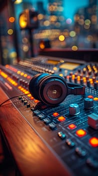 Recording Studio Captures the Harmony of Sound in Business of Music Production, Mixing consoles and headphone sets record a story of rhythm and harmony in the music production business.