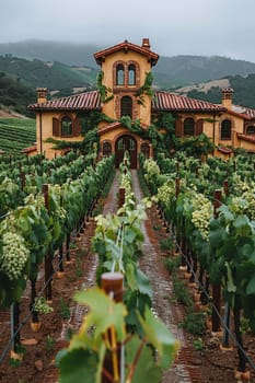 Rustic Winery Offering Corporate Retreats and Tastings, A hazy vineyard background invites business professionals to taste and unwind.