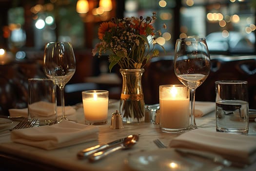 Candlelit Fine Dining Experience for Discerning Business Clients, The romantic blur of an upscale restaurant prepares to host discerning business dinners.